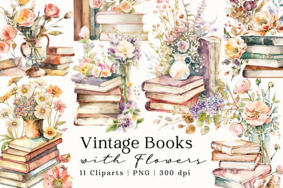 Download Vintage Books Flowers Watercolor Clipart - Books Collection